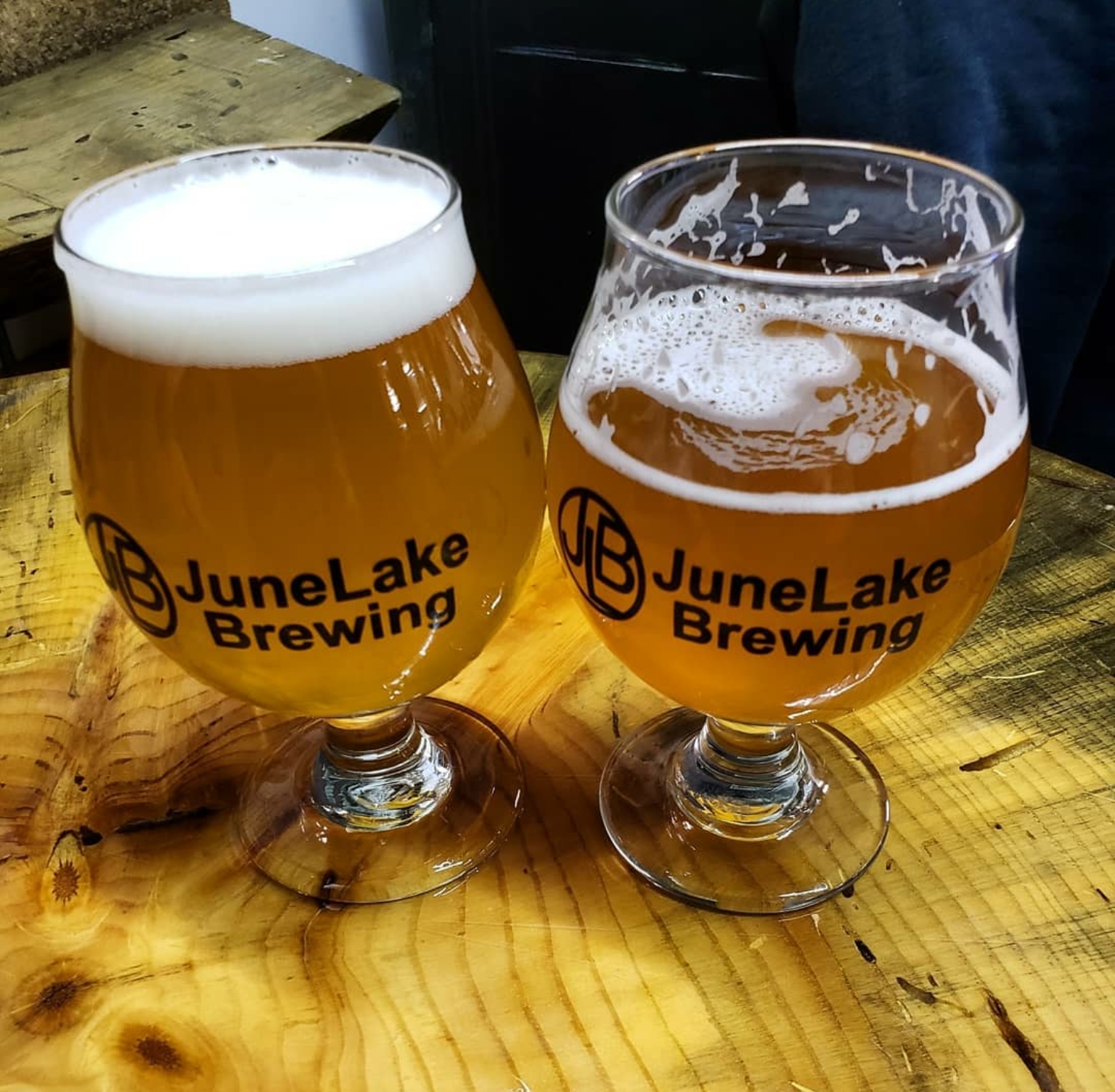 A couple of well-earned beers at June Lake Brewing